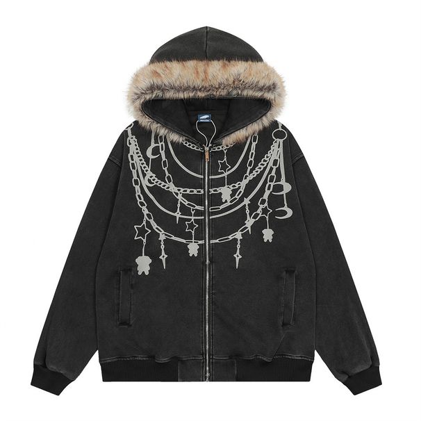 Chain Print Design Hooded Sweatshirt With Fur Collar American Style Trendy Brand Men's Vintage Washed Lazy Jacket_viptrois.com