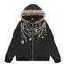 Chain Print Design Hooded Sweatshirt With Fur Collar American Style Trendy Brand Men's Vintage Washed Lazy Jacket_viptrois.com