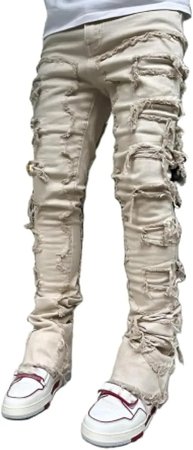 Black Stacked Jeans With Rips, Patches, Distressed Jeans, Streetwear, Men's Pants, Casual Slim Fit_viptrois.com