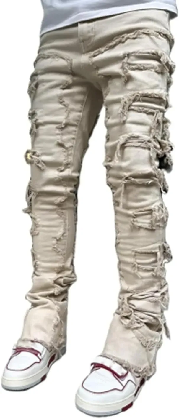 Black Stacked Jeans With Rips, Patches, Distressed Jeans, Streetwear, Men's Pants, Casual Slim Fit_viptrois.com
