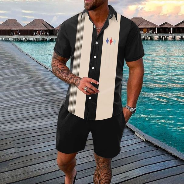 Men's Clothing Summer Men's Shirt Suit Hawaiian Gradient 3D Printing Outdoor Short Sleeved Shorts 2 Piece Suit Cross Border Foreign Trade_viptrois.com