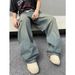Men's Retro Washed Wide Leg Jeans American Street Style Trendy High End Distressed Loose Fit Cross Border Chain Link Trousers_viptrois.com