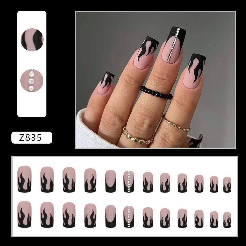 Nails Art Square Black Flame Diamond Flash Sweet Cool Nails Ins Style Wear Nail French Beauty_viptrois.com