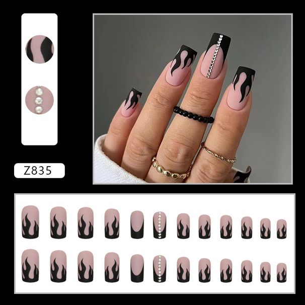 Nails Art Square Black Flame Diamond Flash Sweet Cool Nails Ins Style Wear Nail French Beauty_viptrois.com