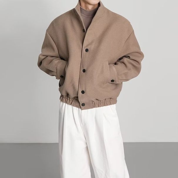 Autumn Winter High-End Woolen Men Short Thickened Casual Stand Collar Ins Korean Version Cool Baseball Jacket_viptrois.com