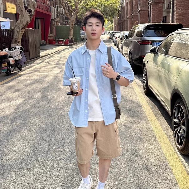 Summer Retro Functional Style Short Sleeved Workwear Shirt For Men, Loose Fitting Couple, Casual Half Sleeved Shirt_viptrois.com