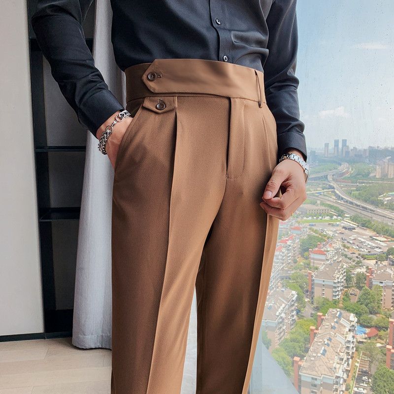 Men's Slim Fit High Waist Dress Pants - Straight Leg Business Casual Trousers In Black, White & Brown_viptrois.com