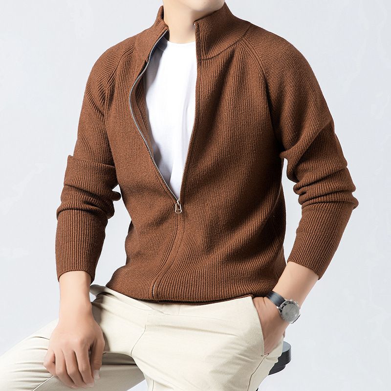 "Men's Textured Knit Cardigan – Stand Collar Drop Shoulder Sweater (Brown/Grey/Black/Navy, Sizes M-XXXL)"_viptrois.com