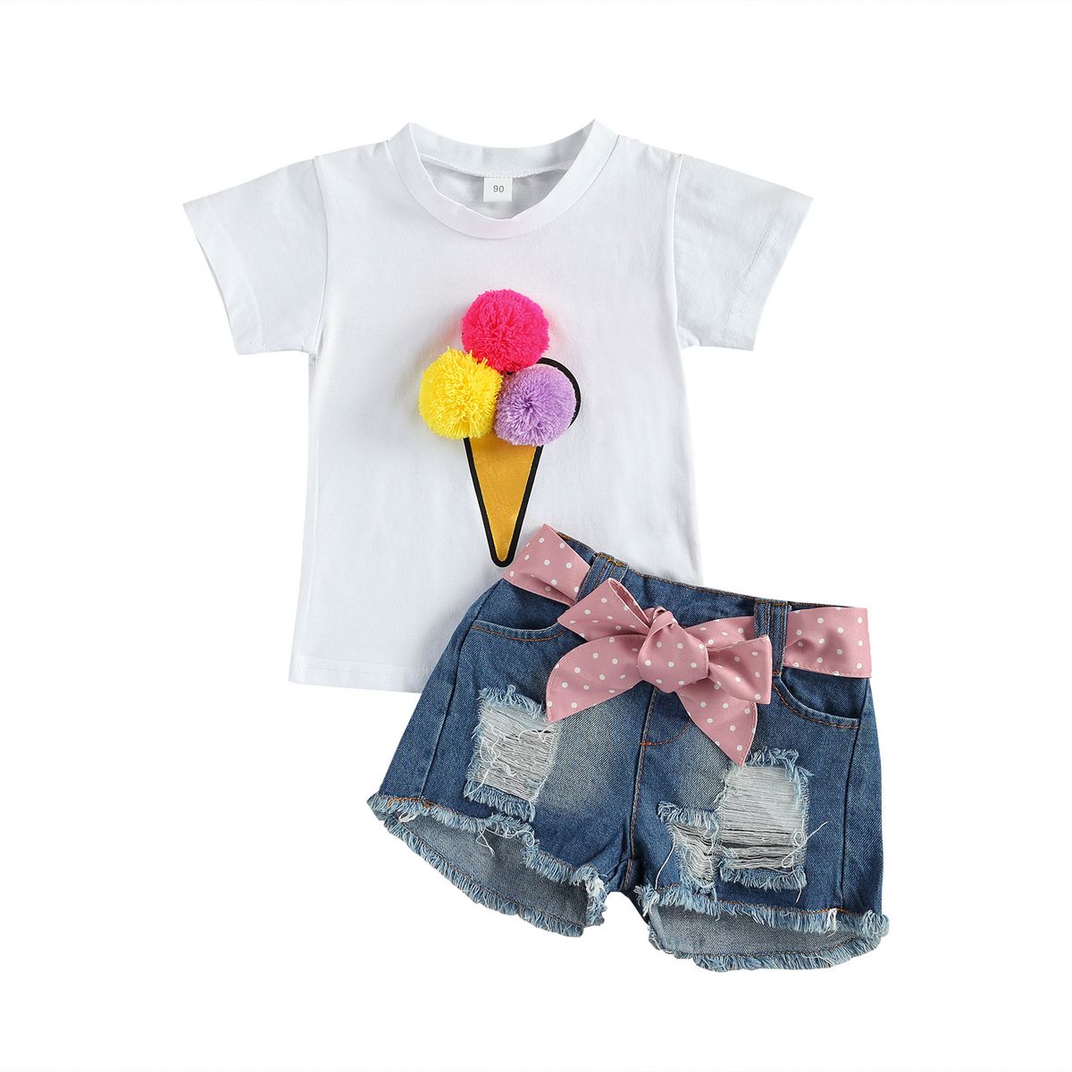 Mother & Kids Foreign trade children's clothing for girls, white fur ball round neck short-sleeved T-shirt, ripped denim shorts, summer girls suit_viptrois.com
