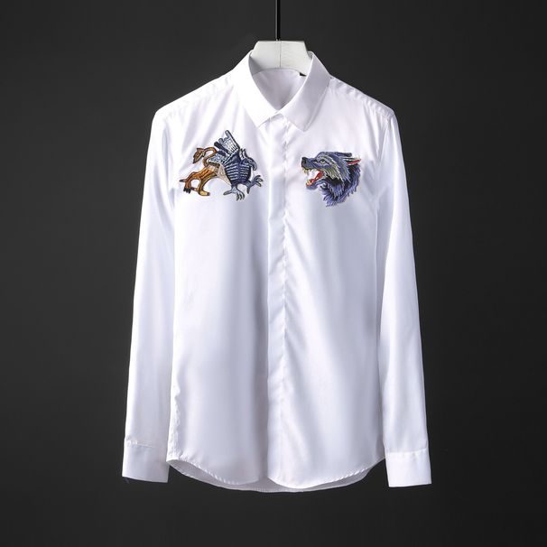 Men's Handmade Embroidered Wolf Head Long Sleeve Shirt Slim Fit Trendy Youth Cotton Blend Casual Shirt Black White Striped_viptrois.com