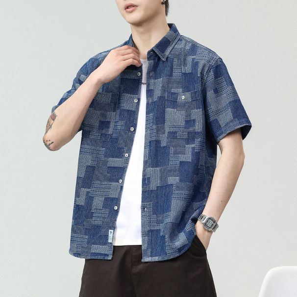 Summer men's workwear denim short-sleeved shirt loose handsome trend simple versatile young men's shirt 715_viptrois.com