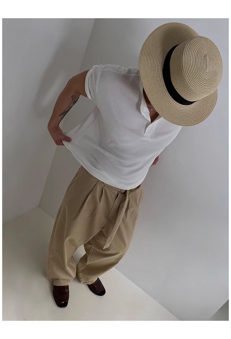 Men's Clothing New Henry Collar Button Niche Solid Color Short Sleeved T Shirt Men's Loose Versatile Personality Temperament Top_viptrois.com