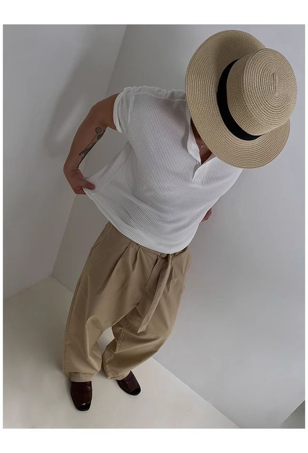 Men's Clothing New Henry Collar Button Niche Solid Color Short Sleeved T Shirt Men's Loose Versatile Personality Temperament Top_viptrois.com
