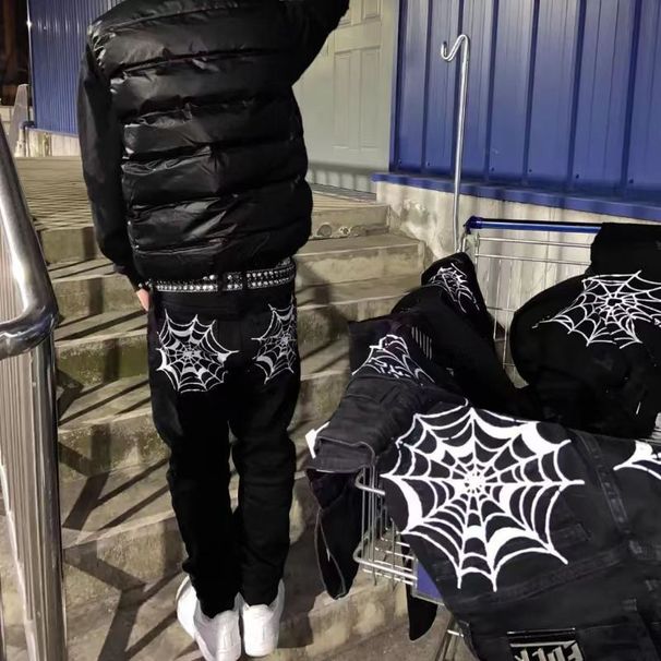 Cross-border Popular European And American Hip-hop Trendy Brand Spider Web Printed Jeans Men's High Street Fashion Personality Wide-leg Pants_viptrois.com