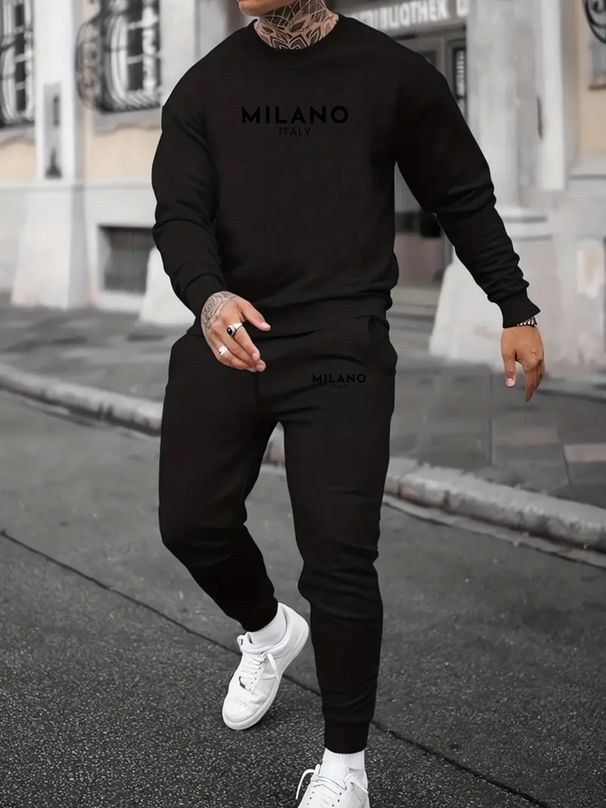 Autumn And Winter 2-piece Set Men's Long Sleeved Round Neck Black Top Loose Casual Hoodie Hooded_viptrois.com