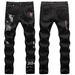 Loom European American High Street Trendy Brand Ripped English Embroidery Printed Black And White Slim Fit Small Straight Leg_viptrois.com