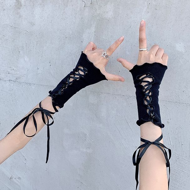 Y2K Lolita Ballet Style White Lace Sleeves Women Thin Summer Sun Protection Hot Girl Lace-up Gloves_viptrois.com
