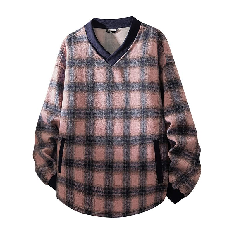 Retro Plaid V-Neck Sweatshirt For Men – Relaxed Fit Long Sleeve Casual Pullover (Pink/White/Brown, M-XXXL)_viptrois.com