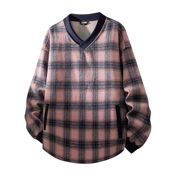 Retro Plaid V-Neck Sweatshirt For Men – Relaxed Fit Long Sleeve Casual Pullover (Pink/White/Brown, M-XXXL)_viptrois.com
