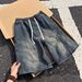 Men's Washed Pleated Denim Shorts Summer Outerwear Shark Gill Drawstring Five Point Casual Mid-Length Pants_viptrois.com