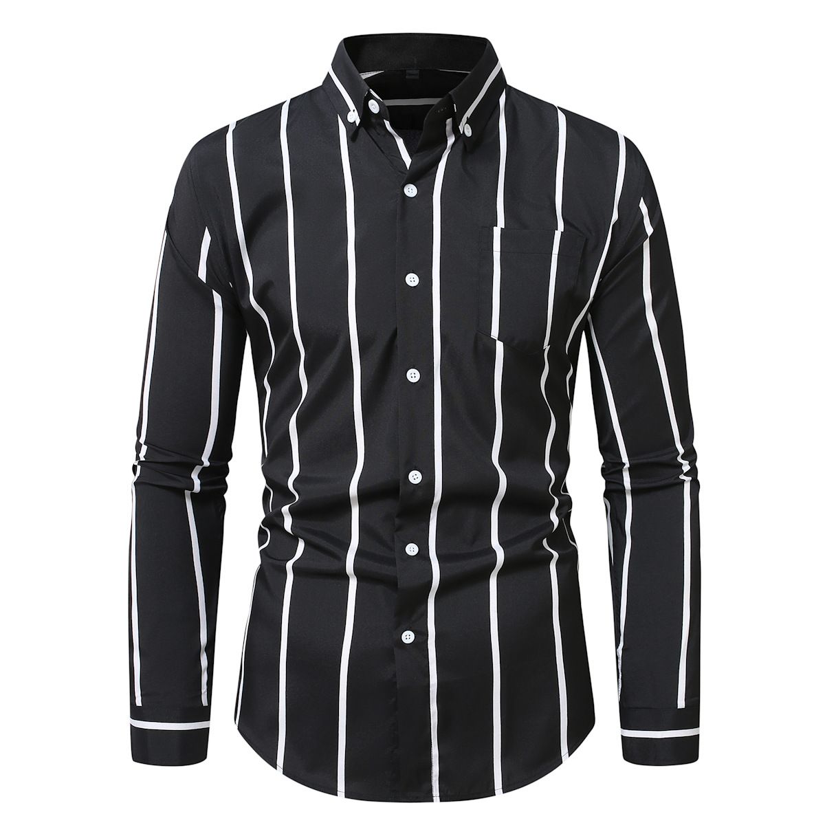 Men's Slim Fit Striped Long Sleeve Shirt – Stretch Acetate Blend, Wrinkle-Resistant & Lightweight (White/Light Grey/Dark Grey/Black/_viptrois.com