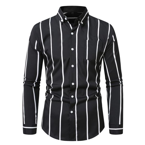 Men's Slim Fit Striped Long Sleeve Shirt – Stretch Acetate Blend, Wrinkle-Resistant & Lightweight (White/Light Grey/Dark Grey/Black/_viptrois.com