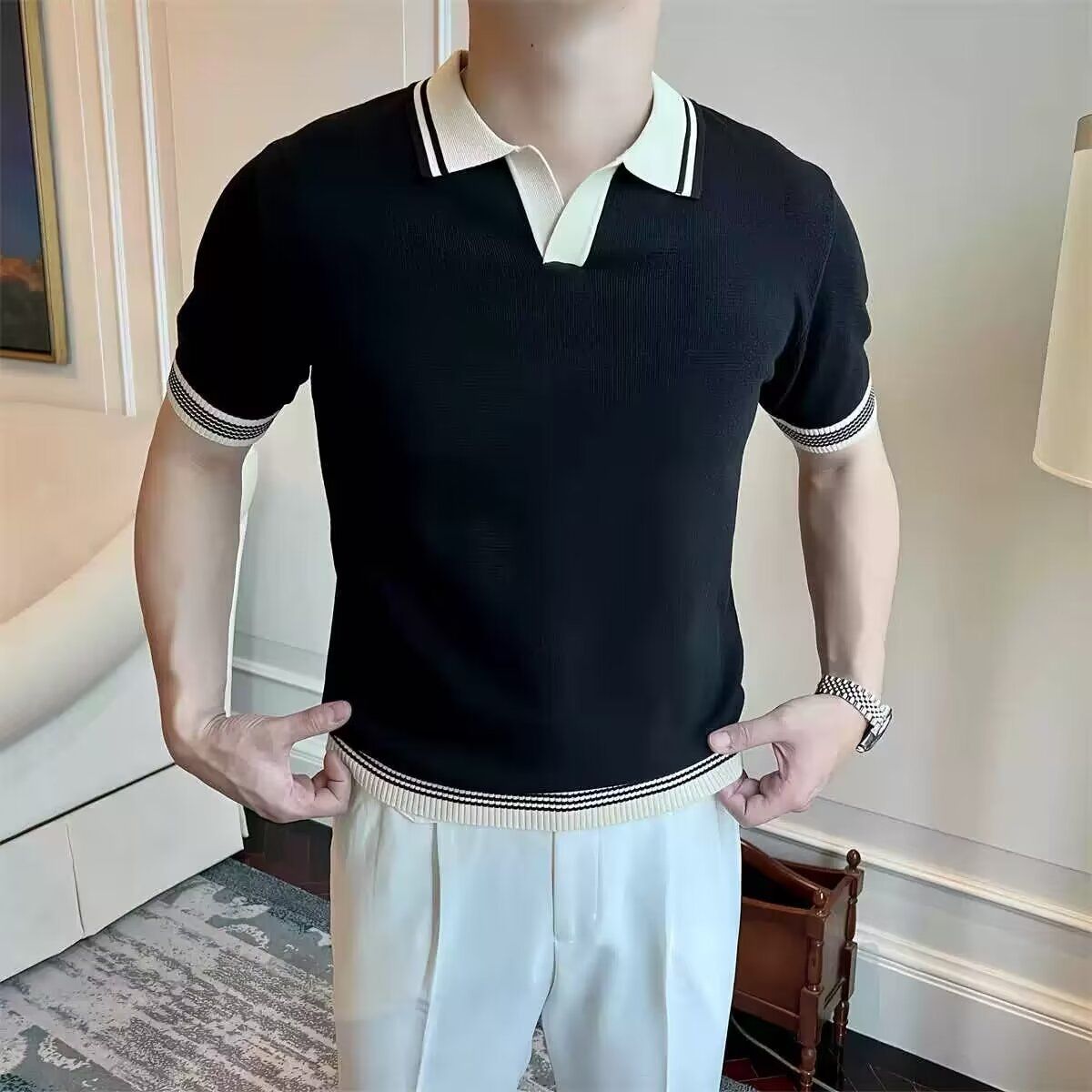 Summer New Color Matching Striped Sweater T Shirt Men's Korean Style Trendy Slim Fit Versatile Casual Round Neck Short Sleeve Trend_viptrois.com