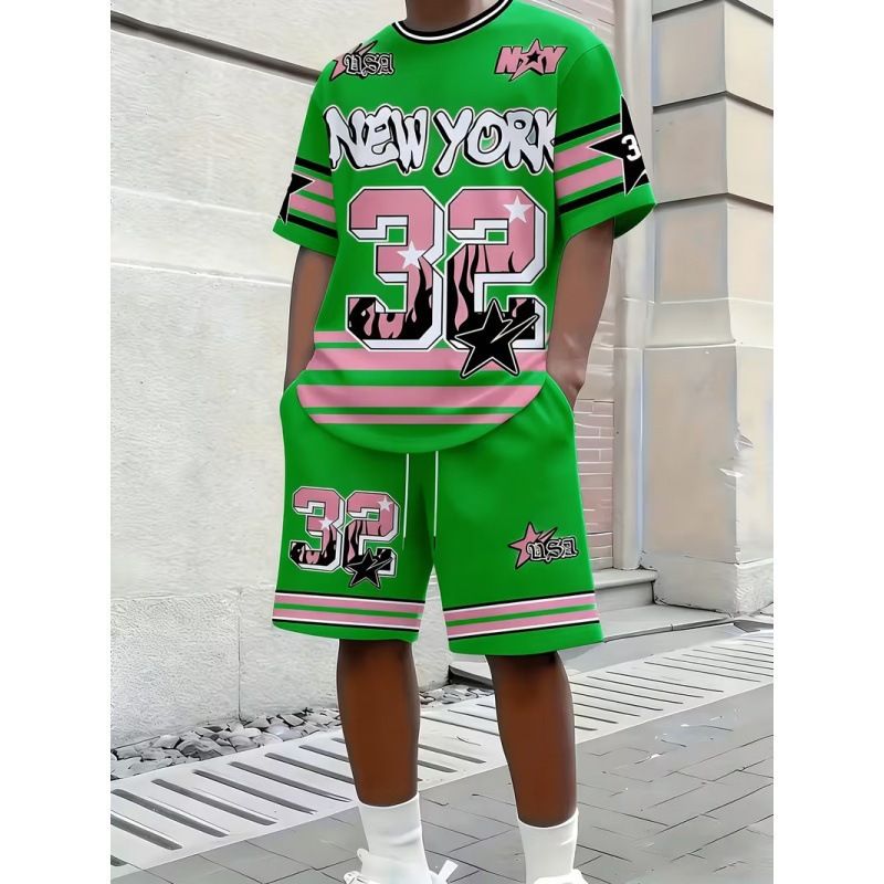 Men's Clothing 3D Street Hip Hop Summer Style Loose Two Piece Set Full Body Casual Sporty Letter Monogram For Formal & Casual_viptrois.com