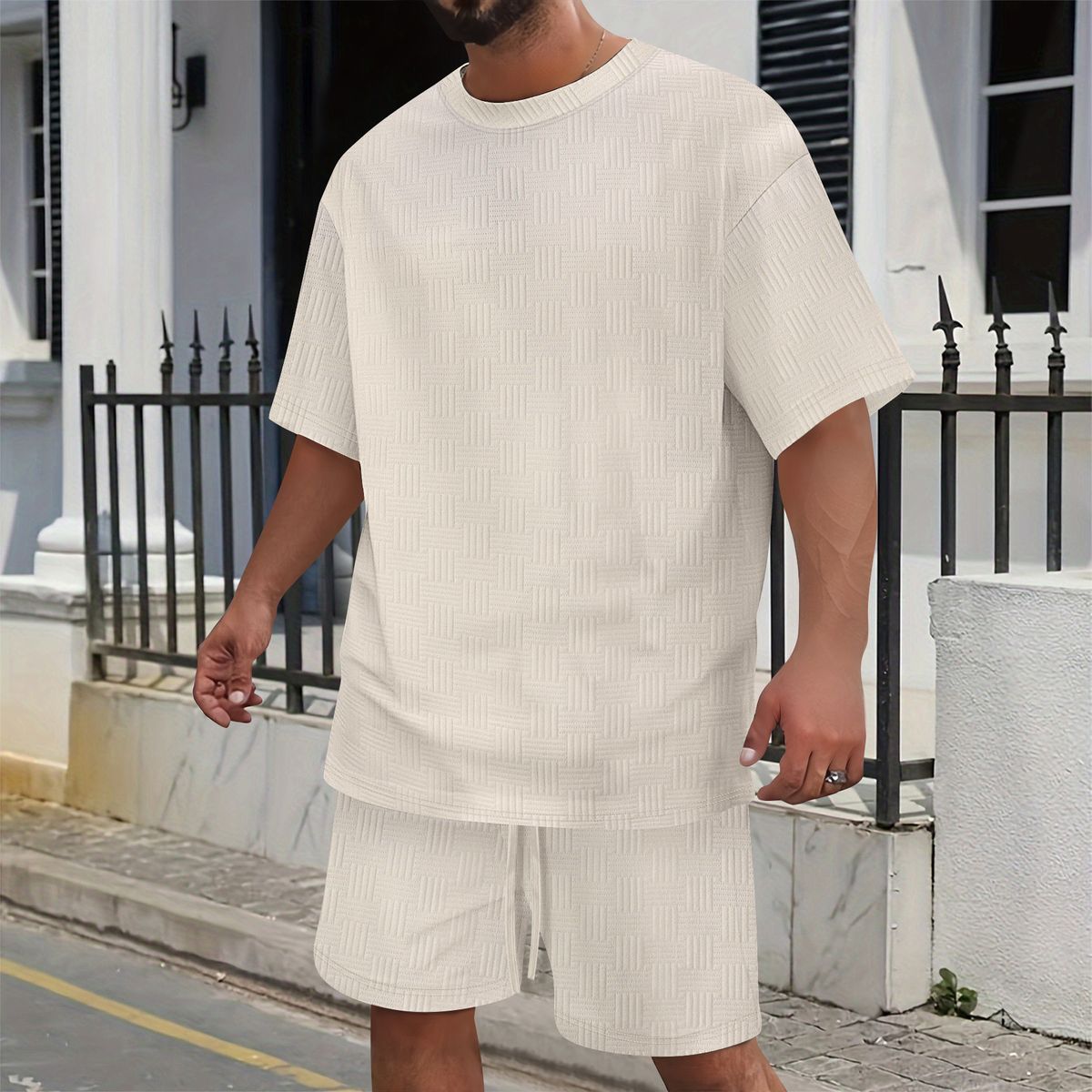 Men's Jacquard Knit Polo Shirt And Shorts Set Breathable Summer Casual Two-Piece Lounge Wear Modern Fit_viptrois.com