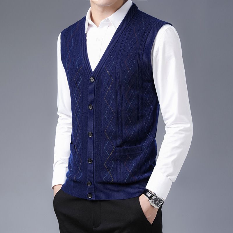Men's Wool Blend V-Neck Sleeveless Vest Sweater - Plaid & Camouflage Patterns, Slim Fit, Casual & Versatile For Autumn_viptrois.com