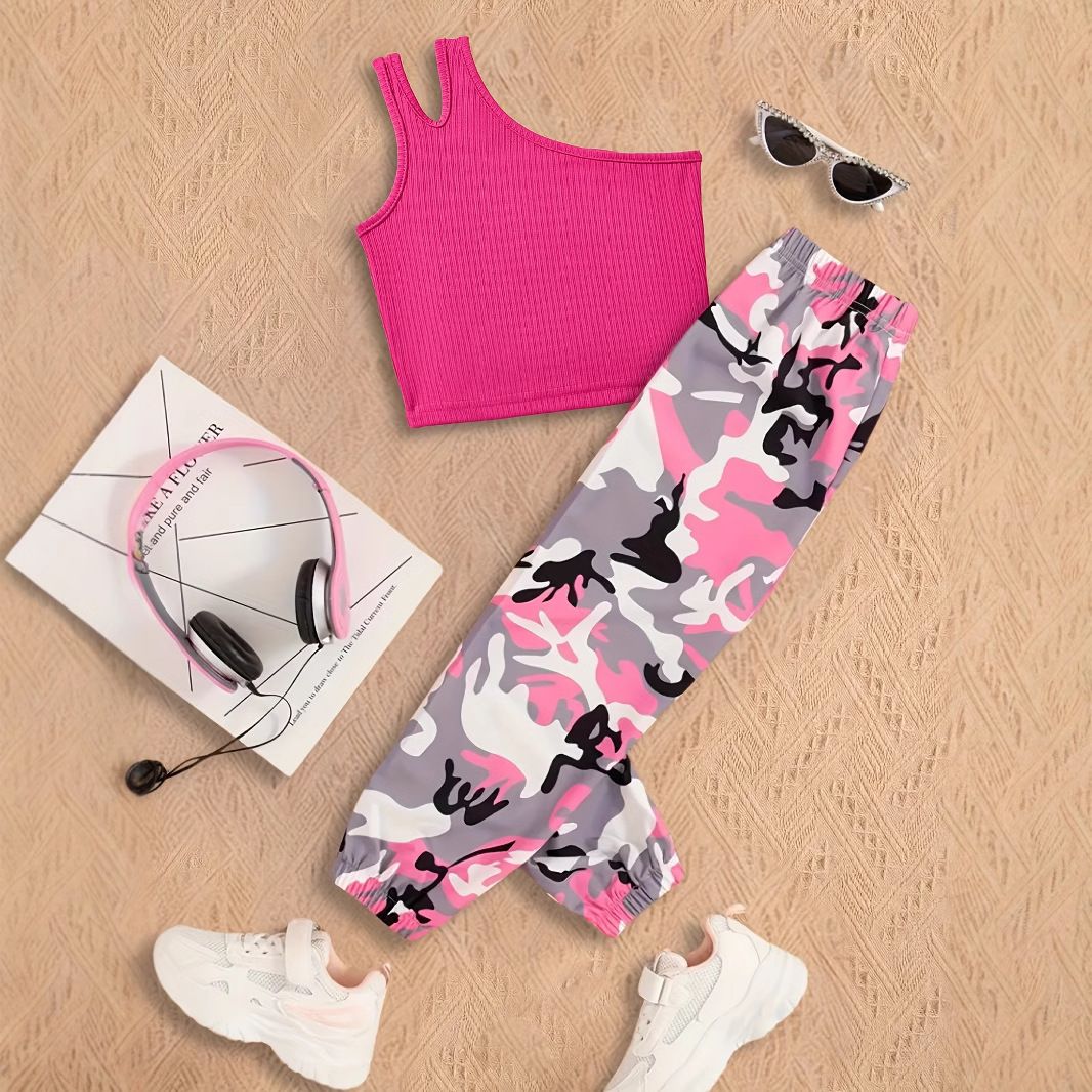 Kids’ Clothing Girls Fashion Sports Vest Camouflage Trousers Suit Casual Sports Suit_viptrois.com