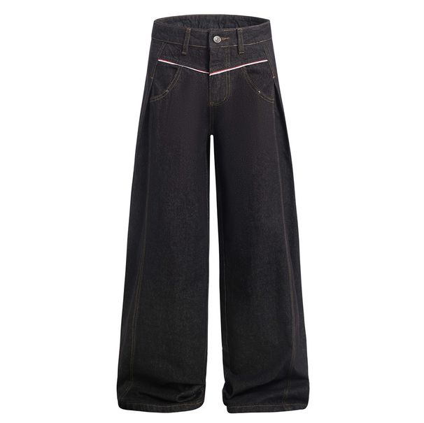 American High Street Design Denim Wide-Leg Men's Vibe Trendy Side Pleated Niche Loose Casual Pants_viptrois.com
