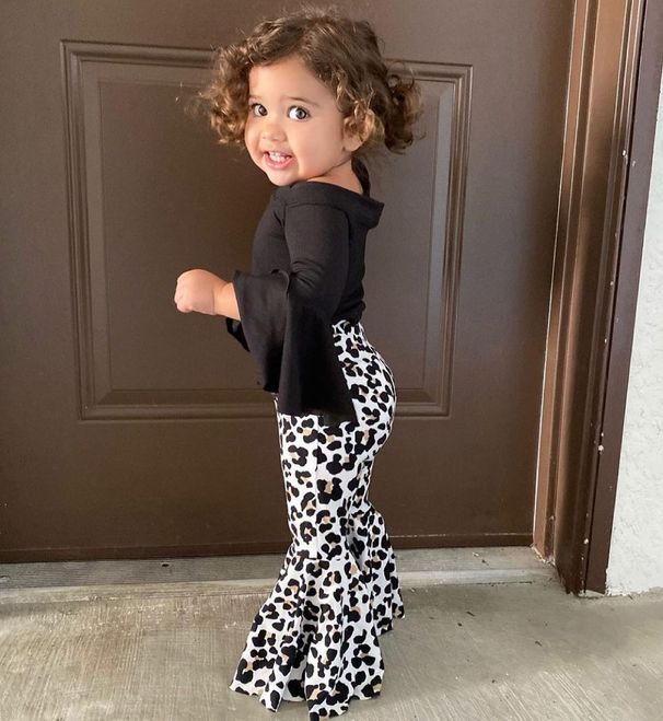 Autumn New Ins Girls' Black Flared Sleeve Top+leopard Print Pants Two-piece Set For Children_viptrois.com