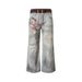 Two-Piece Plaid Patchwork Waistband Denim Flared Men's Ripped 3D Digital Print Vintage Dirty Long Pants_viptrois.com