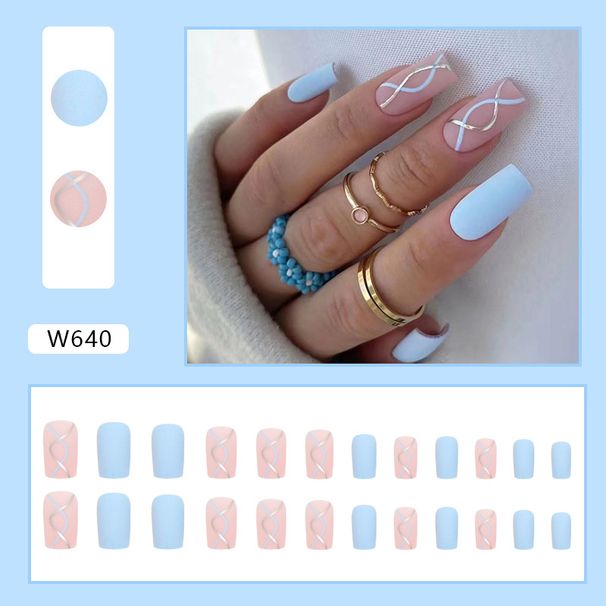 Medium And Long Sky Blue Gold Line Corrugated Nail Matte Texture Bare Powder Base Wear Nail Tablets_viptrois.com