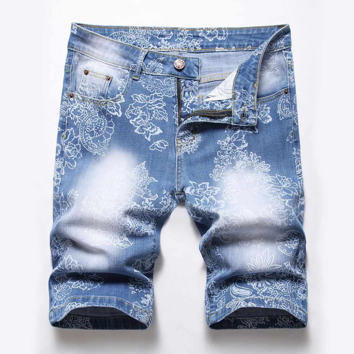 Men's Clothing Fashion Elastic Printed Personalized Denim Shorts_viptrois.com