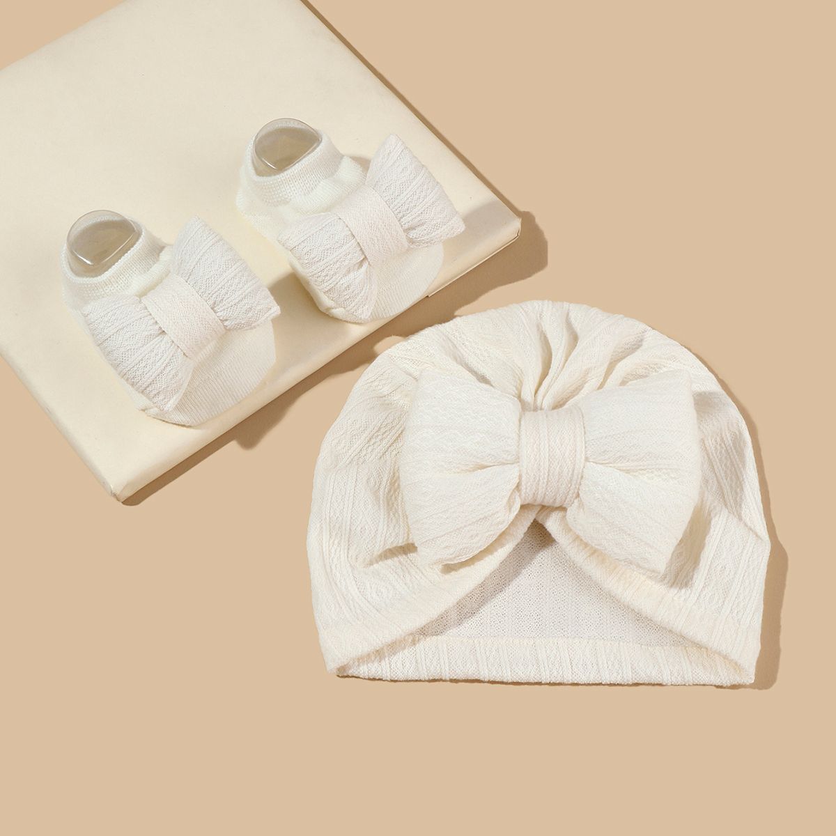 2Pcs Newborn Baby Bow Hat Socks Set Solid Color Cotton Infant Girls Turban Cap Anti-slip Socks_viptrois.com