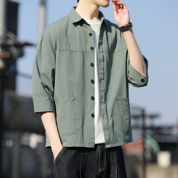 2026 Men's Mid Sleeve Shirt Pure Cotton Shirt Men's Full Cotton Seven Cent Sleeve Shirt Men's Premium Light Luxury Top_viptrois.com