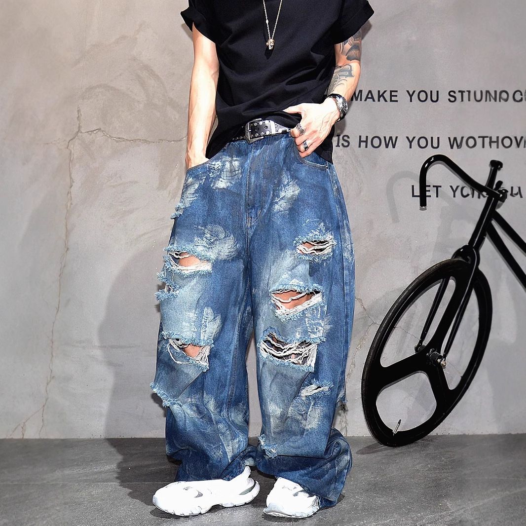 Men's Clothing Vibe Niche Trend Brand Handsome Big Hole Beggar Jeans Men Cityboy Wasteland Dirty Wash Wide Leg Long Pants_viptrois.com