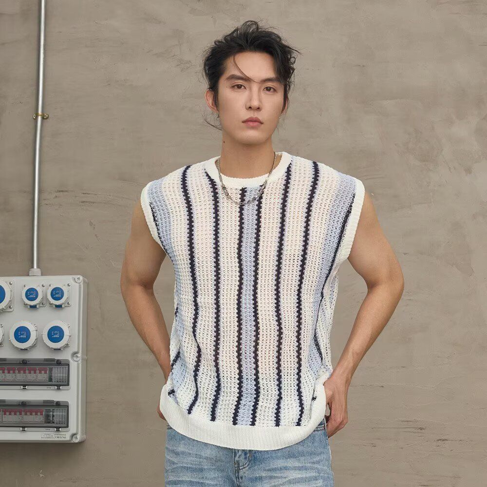 Men's Clothing Cross Border Men's Clothing European And American Summer New Men's Knitted Vest Striped Hollow Knitted T Shirt Thin Waistcoat_viptrois.com
