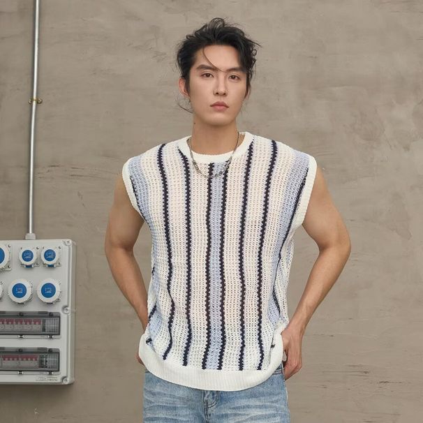 Men's Clothing Cross Border Men's Clothing European And American Summer New Men's Knitted Vest Striped Hollow Knitted T Shirt Thin Waistcoat_viptrois.com