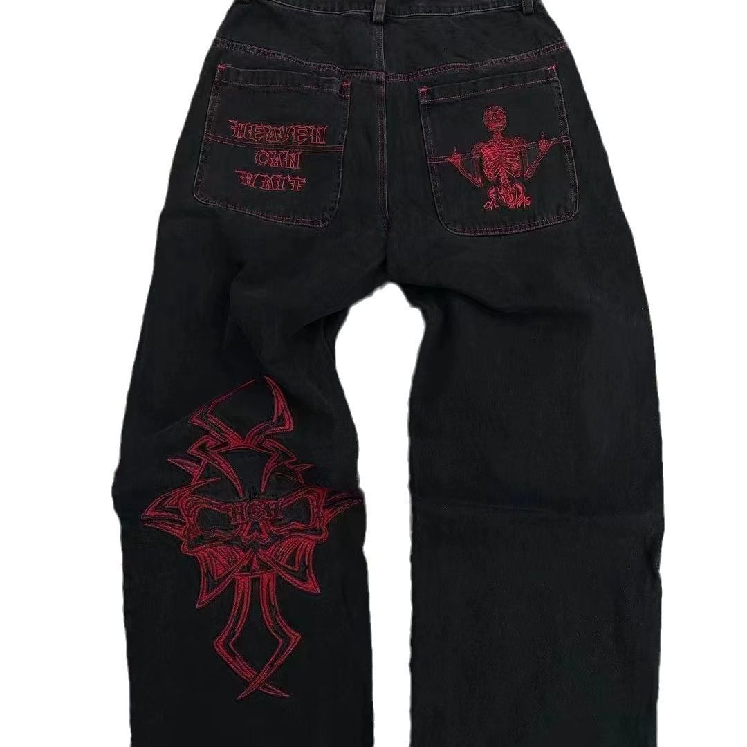 2023 Cross-border Hot-selling American High Street Fashion Brand Fully Embroidered Skull Pants For Men, Loose Straight_viptrois.com