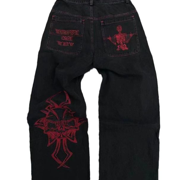 2023 Cross-border Hot-selling American High Street Fashion Brand Fully Embroidered Skull Pants For Men, Loose Straight_viptrois.com