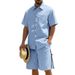 Men's Silk Plain Weave Two Piece Set Short Sleeve Button Down Shirt Drawstring Shorts Summer Beach Vacation Style_viptrois.com