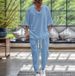 Men's Clothing Spring And Autumn Men's Cotton And Linen V Neck T Shirt Casual Short Sleeved Trousers Beach Suit_viptrois.com