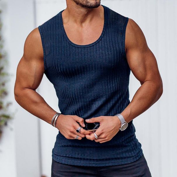 Men's Clothing Knitted Thick Striped Fitness Sports Vest Summer Solid Color Wide Shoulder Casual Fashion _viptrois.com