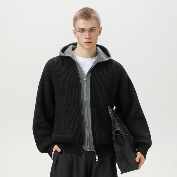 Lazy Style Imitation Deer Plush Fake Two Piece Cardigan Hooded Sweater Men's Autumn And Winter New Retro Trendy Brand Knitted Sweater Jacket_viptrois.com