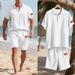 Summer Men's Breathable Linen Heavy Embroidery Independence Day Flag Lapel Loose Shirt Short Sleeve Shorts Suit_viptrois.com
