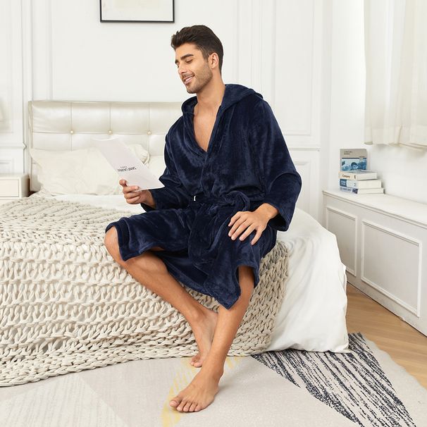 Men's Clothing lapel solid color bathrobe home bathrobe long home clothes men's hooded nightgown_viptrois.com