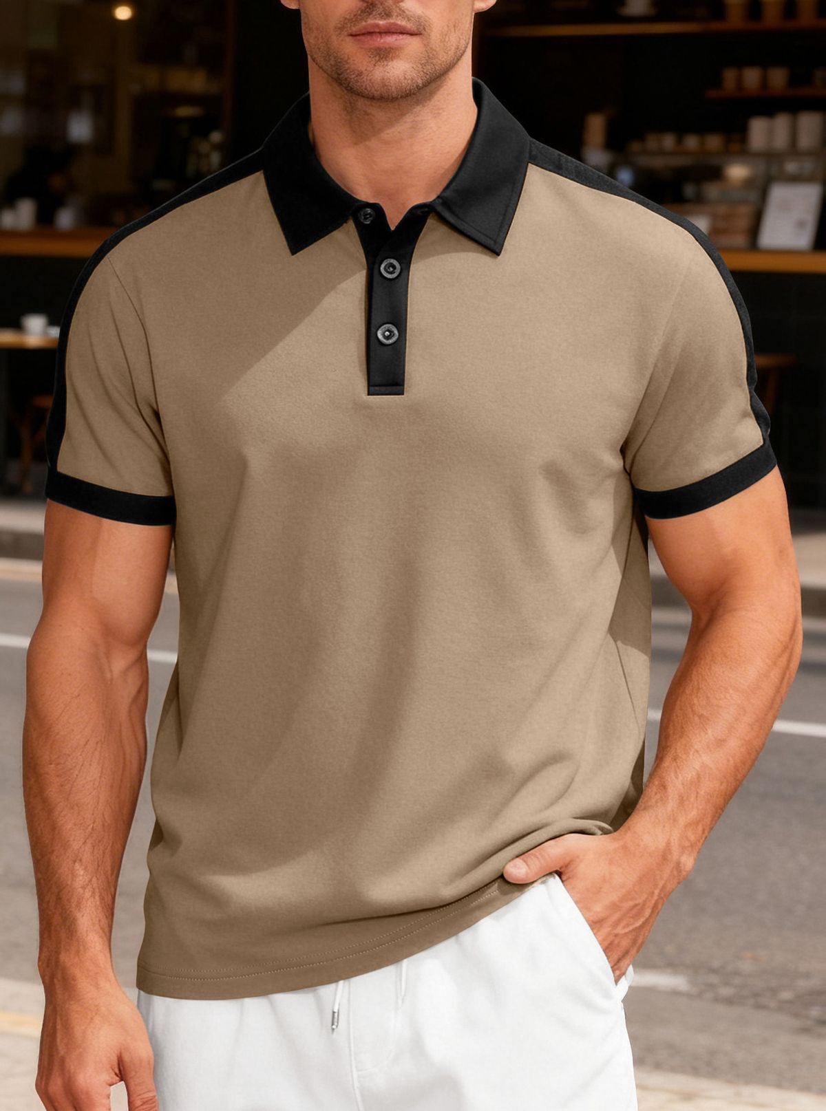 Men's Casual Sporty Polo Shirt - Breathable Knit Fabric, Relaxed Fit, Color Block Design, Short Sleeve, Versatile For Summer_viptrois.com